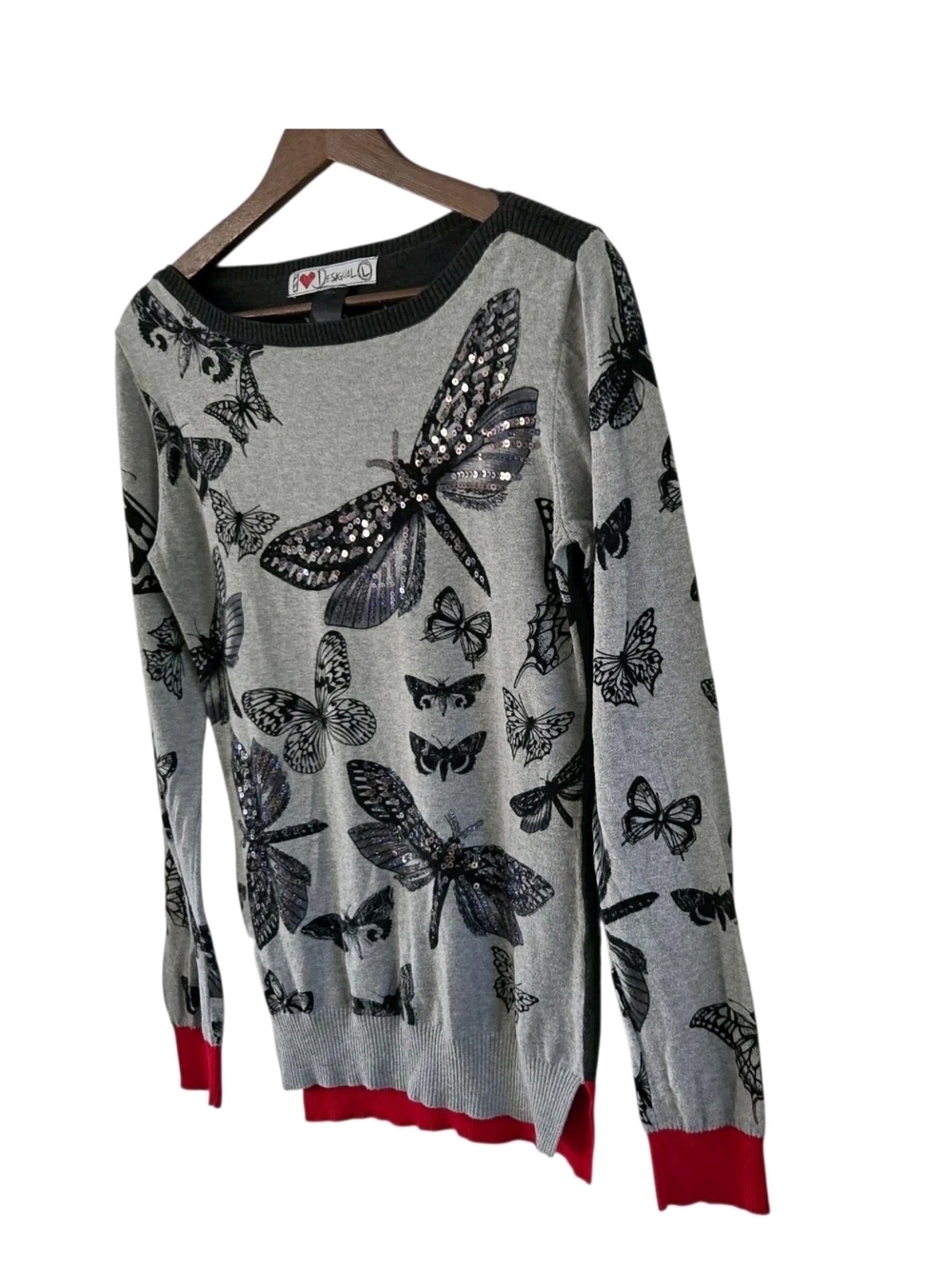 DESIGUAL Sequin Butterfly Sweater Gray Black Top Womens Size L - Picture 6 of 12
